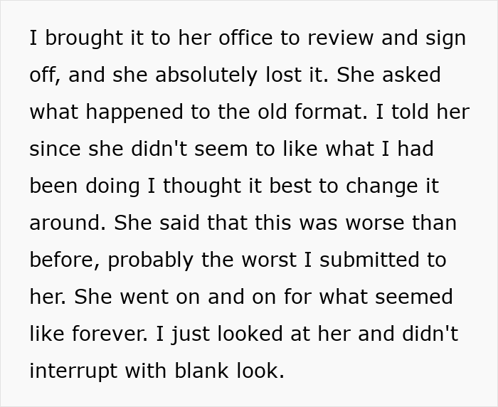 Text excerpt about a boss calling a report basically unreadable and her reaction upon realizing it was her own work.