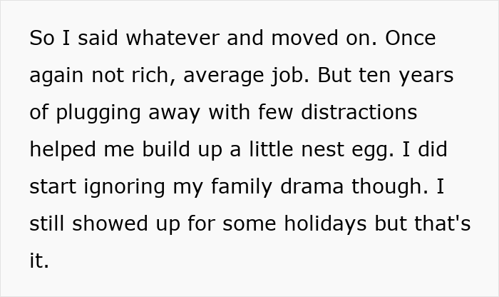 Text excerpt about overcoming family drama and building a nest egg despite parents' favoritism leading to criminal behavior.