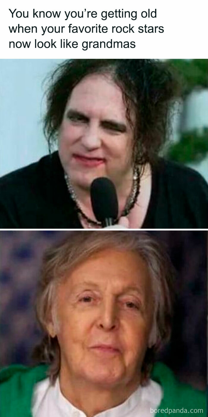 A comparison of nostalgic rock stars aging, highlighting how favorite musicians now look much older.