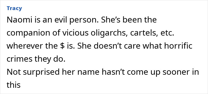 Comment text discussing Naomi Campbell’s alleged connections, related to Epstein files and Ghislaine Maxwell playmates offer.