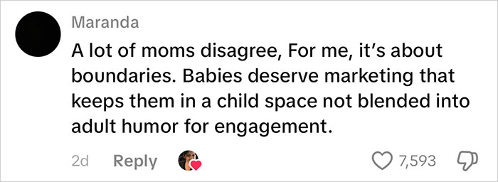 Comment from Maranda discussing concerns about 'Frida Mom' marketing blending child space with adult humor causing online chaos.