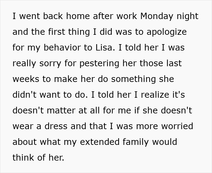 Text excerpt showing a man apologizing to his girlfriend about pressuring her to wear dresses for a wedding.