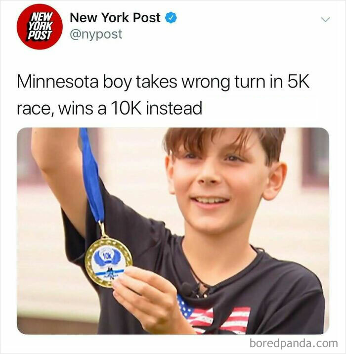 Young boy proudly shows a 10K race medal after accidentally winning by taking a wrong turn in an unhinged America news headline.