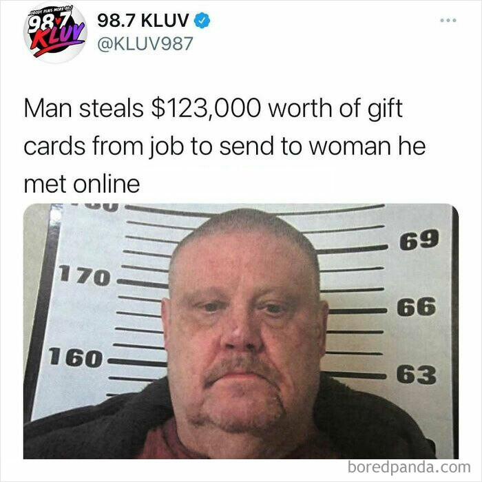 Mugshot of a man who stole $123,000 worth of gift cards to send to a woman he met online, unhinged news headline.