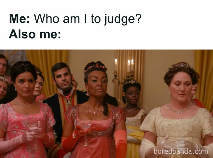 Scene from Bridgerton meme showing characters in Regency dresses with skeptical and judging expressions.