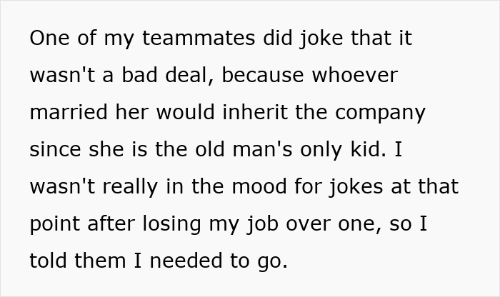 Text excerpt describing a man reflecting on losing his job over a crude drawing and the impact it had on his mood.