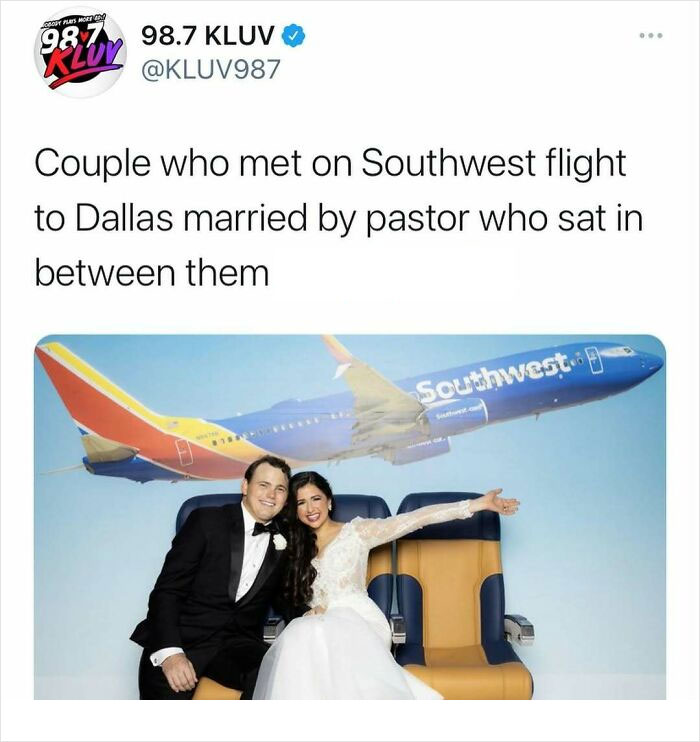Couple married by pastor on Southwest flight to Dallas, showcasing unhinged news headlines unique to America.