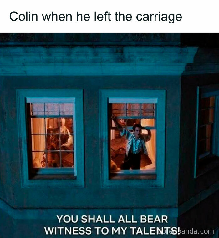 Scene from Bridgerton meme showing Colin striking a dramatic pose inside a lit window at night.