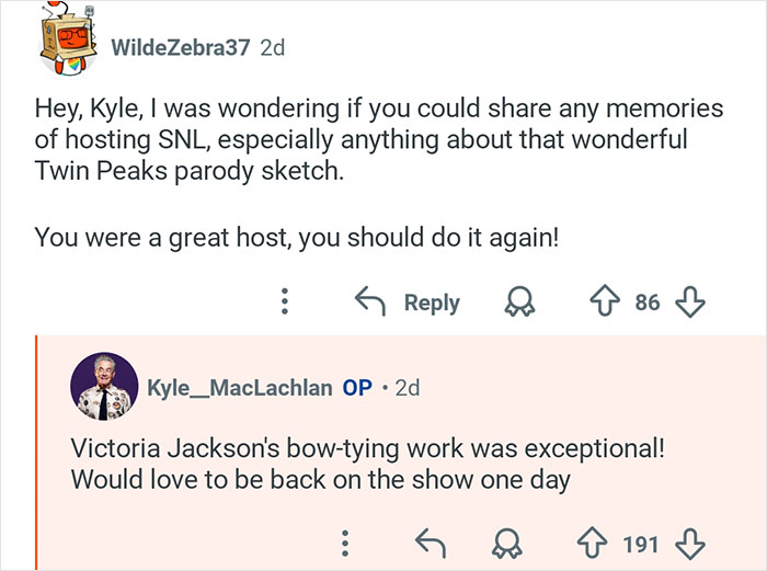 Kyle MacLachlan from Twin Peaks discussing memories of hosting SNL and the Twin Peaks parody sketch.