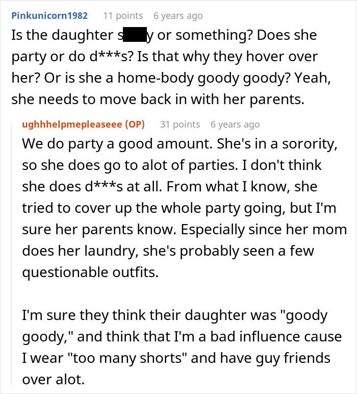 Screenshot of a Reddit conversation about a woman stunned as roommate&rsquo;s parents use spare key and act like babysitters.