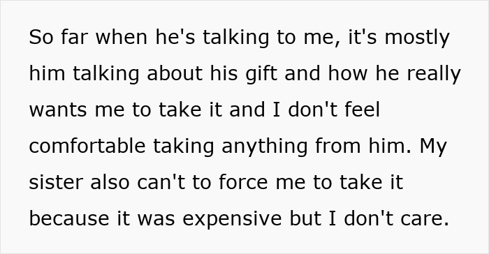 Confession about boyfriend's gift causing tension with younger sister who tries to force acceptance despite discomfort.