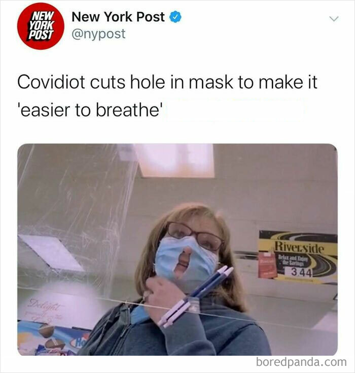 Person wearing glasses with a face mask cut to breathe easier shown in unhinged news headlines from America.