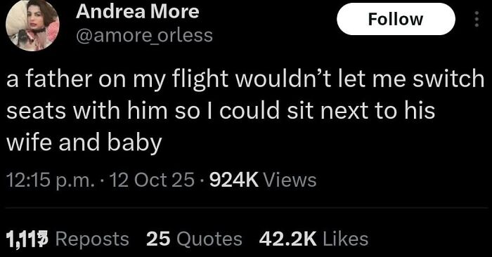Tweet screenshot showing a cynical humorous story about a father not letting a passenger switch seats on a flight near wife and baby.