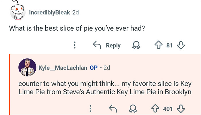 Reddit exchange showing Kyle MacLachlan from Twin Peaks sharing his favorite Key Lime Pie in a Q&A session.