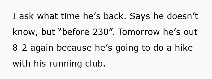 Text excerpt describing a guy scheduling multiple hobbies early, with his partner waiting to be noticed.