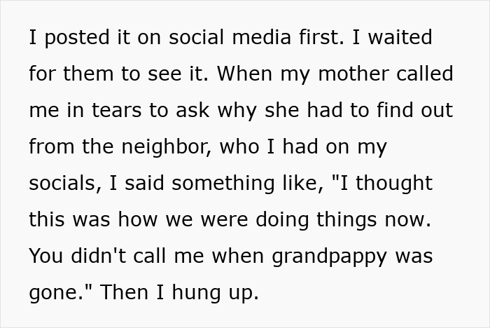 Text excerpt about a child out of spite posting on social media before informing family about grandpappy’s passing. Text excerpt about a child out of spite posting on social media before informing family about grandpappy’s passing.