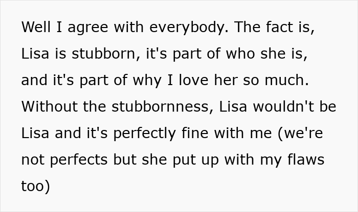 Text message expressing acceptance of girlfriend's stubbornness despite disagreement over wearing dresses for a wedding.