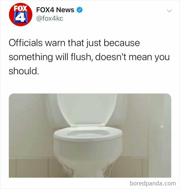 Tweet from FOX4 News warning about flushed items, highlighting unhinged news headlines about America’s sewer issues.