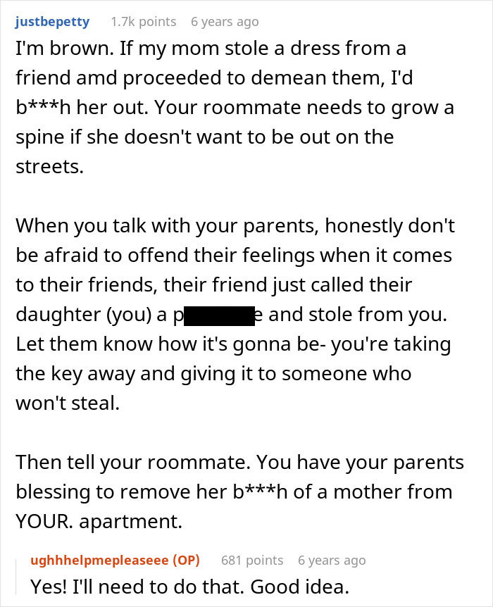 Comment discussing a woman stunned as roommate&rsquo;s parents use spare key to enter and act like babysitters.