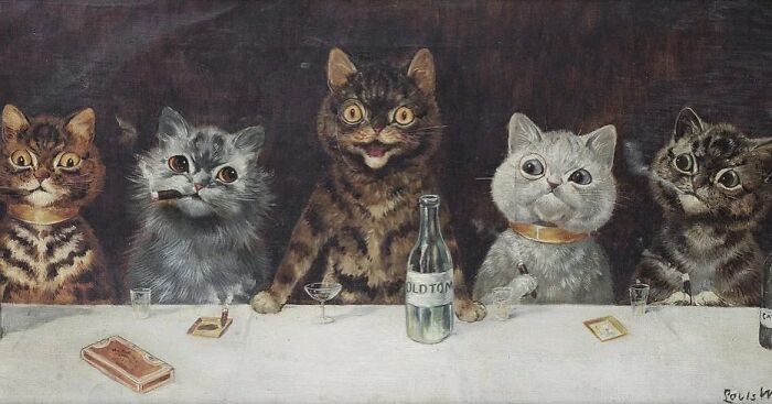 Five cat-themed artworks of cats sitting at a table with drinks, showcasing whimsical and detailed cat art throughout history.