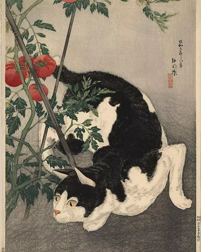 Black and white cat among tomato plants in a traditional Japanese cat-themed artwork with detailed foliage and shading.