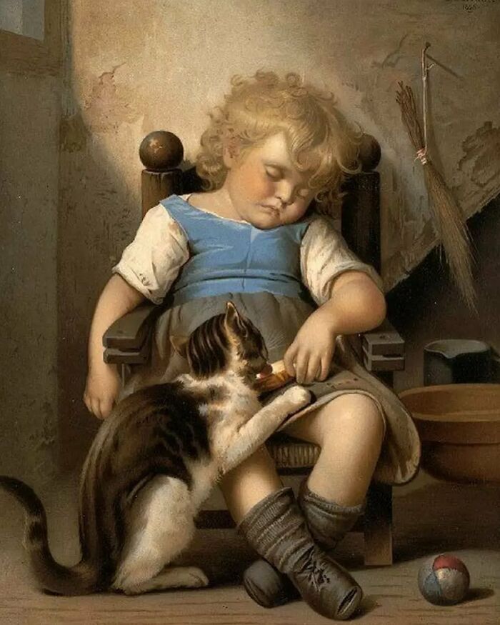 Young child sleeping in chair with a cat reaching up, classic cat-themed artworks from history depicted in painting.