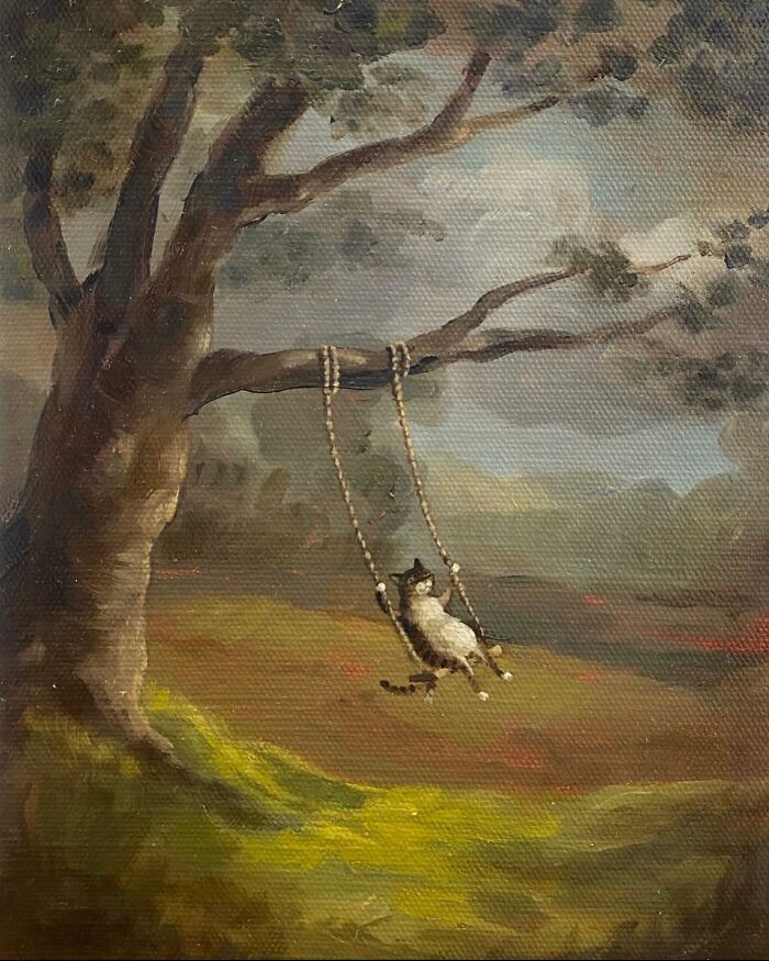 Cat-themed artwork of a black and white cat swinging on a rope swing hanging from a tree in a scenic landscape.