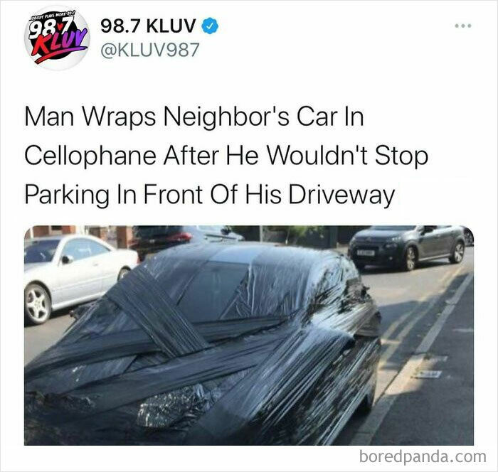 Tweet showing a news headline about a man wrapping his neighbor's car in cellophane, illustrating unhinged news headlines in America.