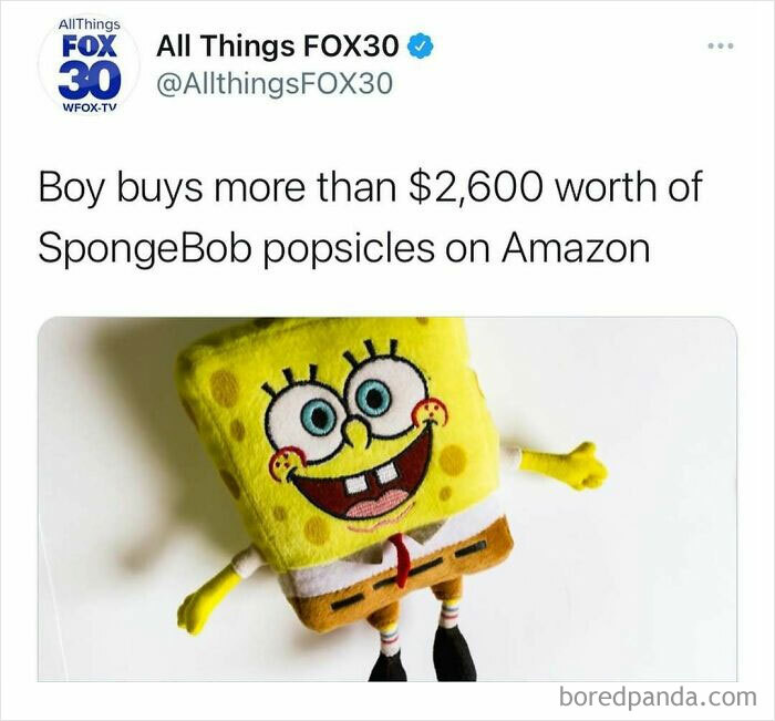 Screenshot of a news headline about a boy buying over $2,600 worth of SpongeBob popsicles in a bizarre US story.