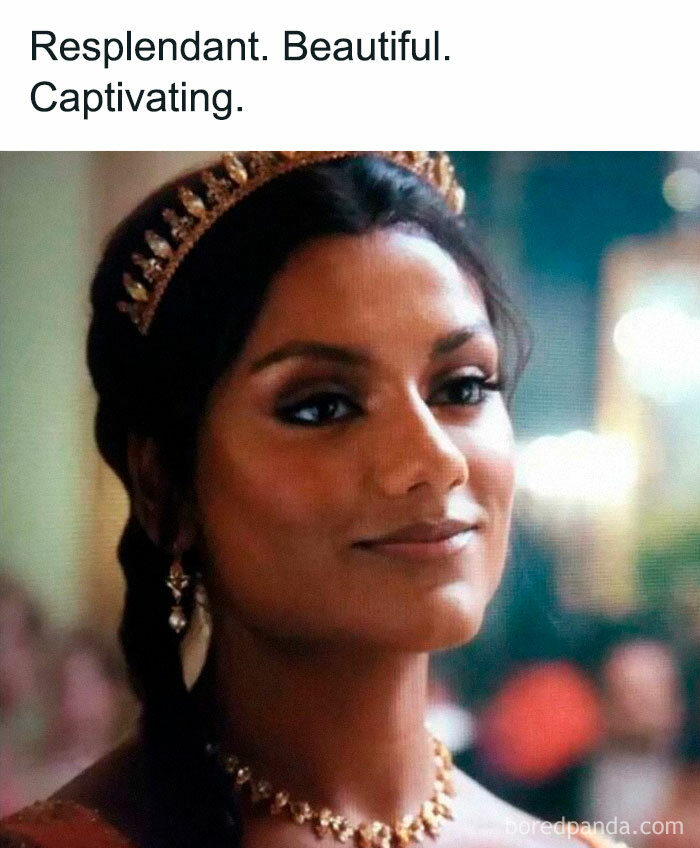 Bridgerton fan meme featuring a regal woman wearing a gold tiara and necklace, described as resplendant and captivating.