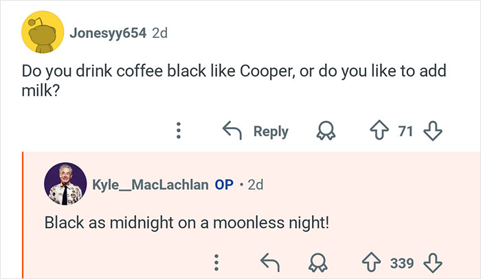 Reddit exchange featuring Kyle MacLachlan from Twin Peaks answering questions about coffee preferences.