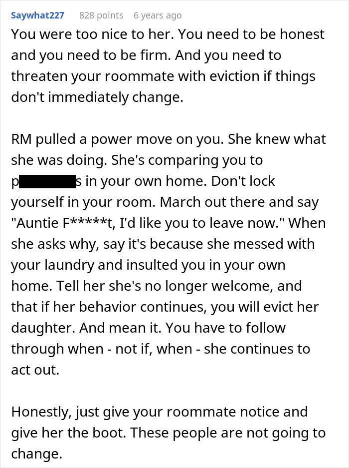 Screenshot of a Reddit comment advising firmness with a roommate whose parents use a spare key and act like babysitters.