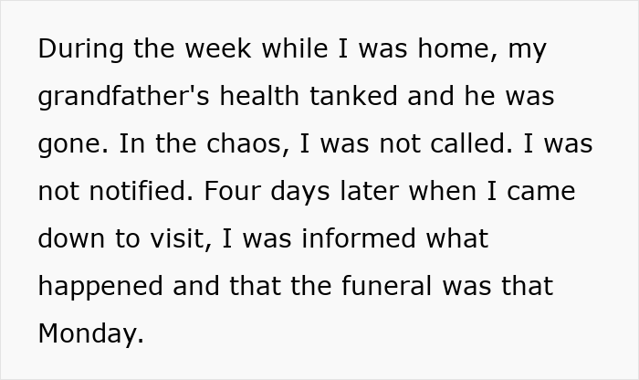 Text describing a child out of spite reflecting on being excluded and uninformed about a grandfather’s passing and funeral arrangements. Text describing a child out of spite reflecting on being excluded and uninformed about a grandfather’s passing and funeral arrangements.