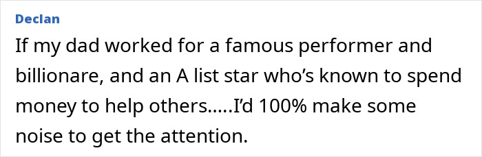 Comment from user Declan discussing Beyoncé's treatment of a 20-year employee sparking heated debate online.