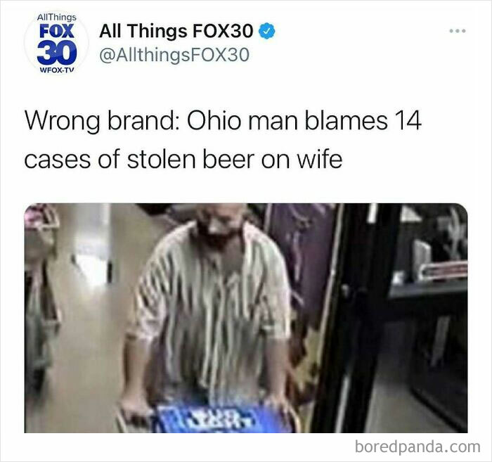 Man pushing beer cart in store with headline about stolen beer, illustrating unhinged news headlines in America.