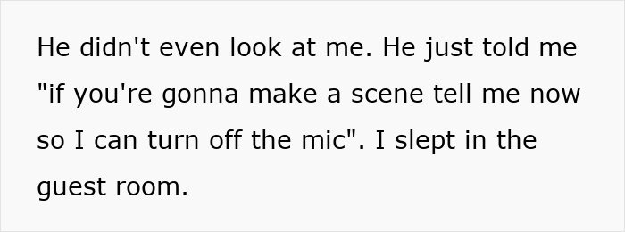 Text on a white background describing a tense moment about husband best friend cheating, mentioning turning off the mic and sleeping in the guest room.
