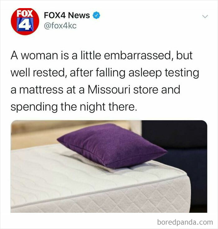 Tweet from FOX4 News about a woman who fell asleep testing a mattress in Missouri, highlighting unhinged news headlines in America.