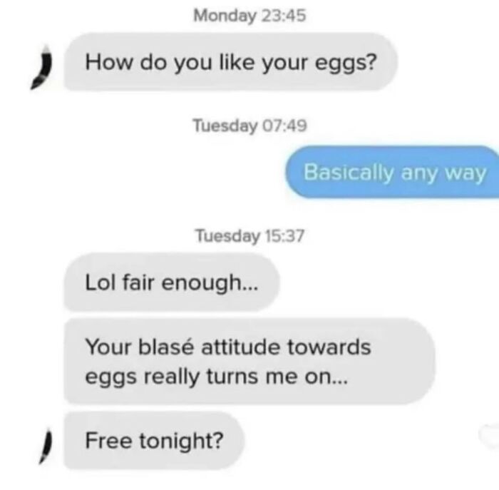 Text message exchange showing a cynical and humorous conversation about eggs with playful and flirty tones.