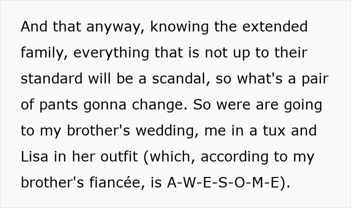 Text discussing a guy upset his girlfriend refuses to wear dresses, even for a wedding, choosing pants instead.