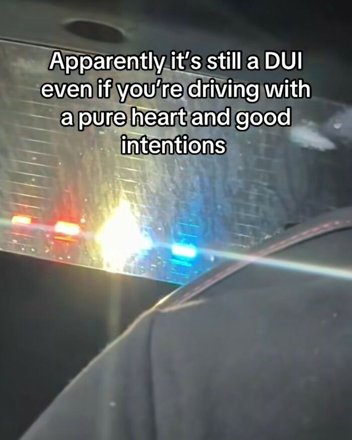 Police lights seen through a car window with a cynical meme about DUI despite good intentions, highlighting hilarious memes.