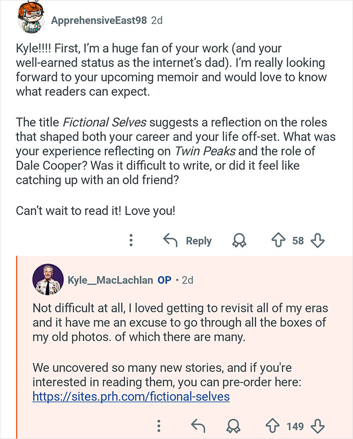 Screenshot of a Reddit Q&A featuring Kyle MacLachlan from Twin Peaks answering fan questions about his memoir.