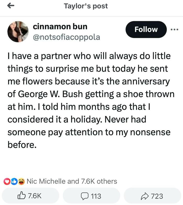 Social media post showing a cynical and hilarious meme about surprising gestures and anniversaries.