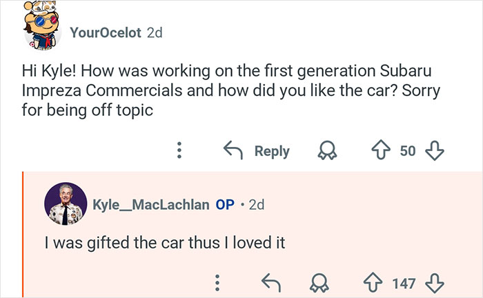 Kyle MacLachlan from Twin Peaks responding to a fan about Subaru Impreza commercials in an online Q&A session