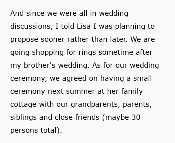 Text about planning a wedding proposal and a small wedding ceremony with family and close friends, highlighting wedding discussions.