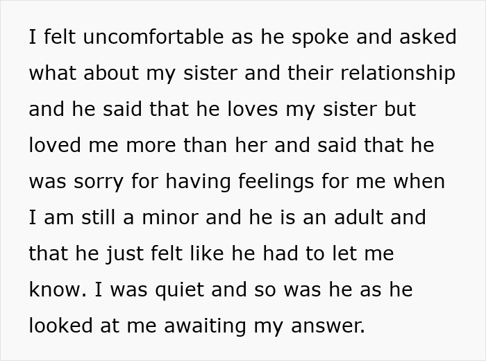 Text about a boyfriend&rsquo;s confession involving feelings for a younger sister causing emotional trouble and discomfort.