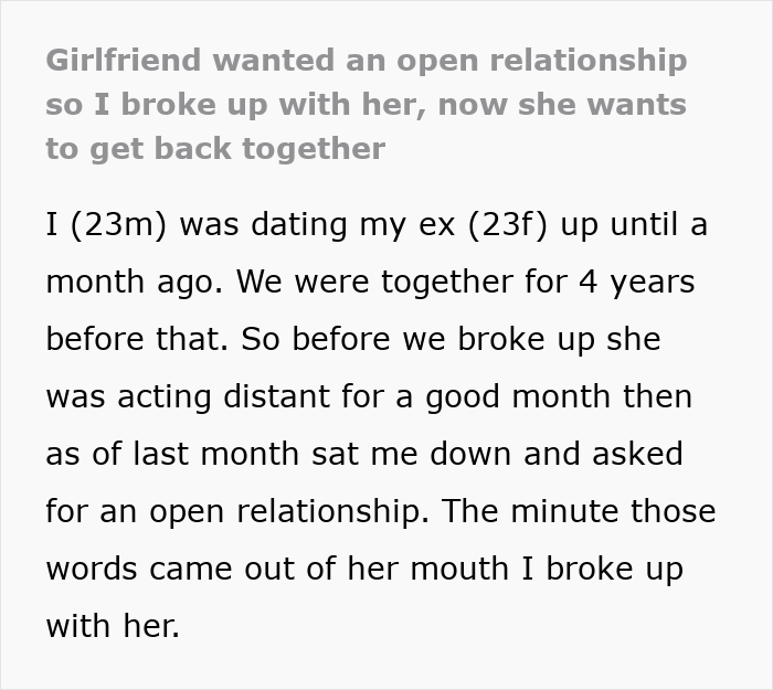 Text post describing a woman suggesting an open relationship leading to a guy breaking up with her immediately.