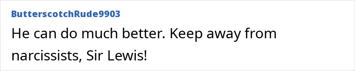 Comment text on a white background reading He can do much better Keep away from narcissists Sir Lewis featuring body language expert SEO keywords.