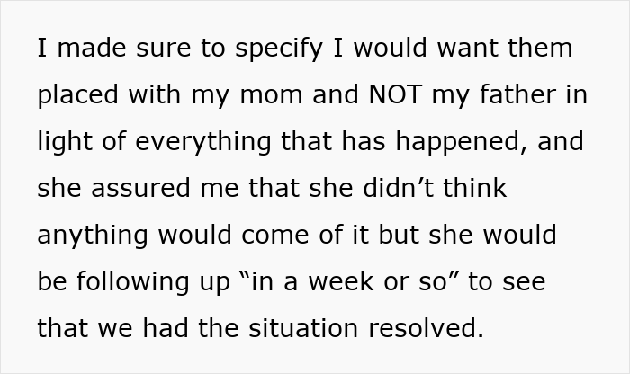 Text discussing concerns about food theft by step-mom leading to a CPS visit in a family dispute scenario.