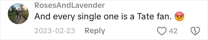 Comment from user RosesAndLavender on incel forum, expressing anger about strong Tate fan presence, highlighting incel forum culture.