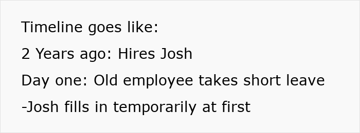 Timeline text describing work drama with an employee named Josh related to sister relationship and cheater issues.